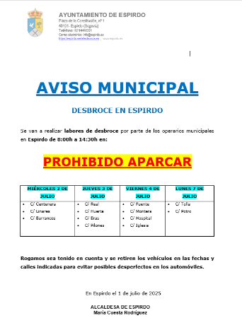 Imagen AVISO: DESBROCES EN ESPIRDO