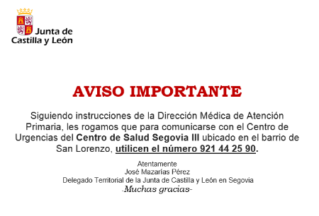 Imagen AVISO IMPORTANTE:CENTRO DE SALUD SAN LORENZO III